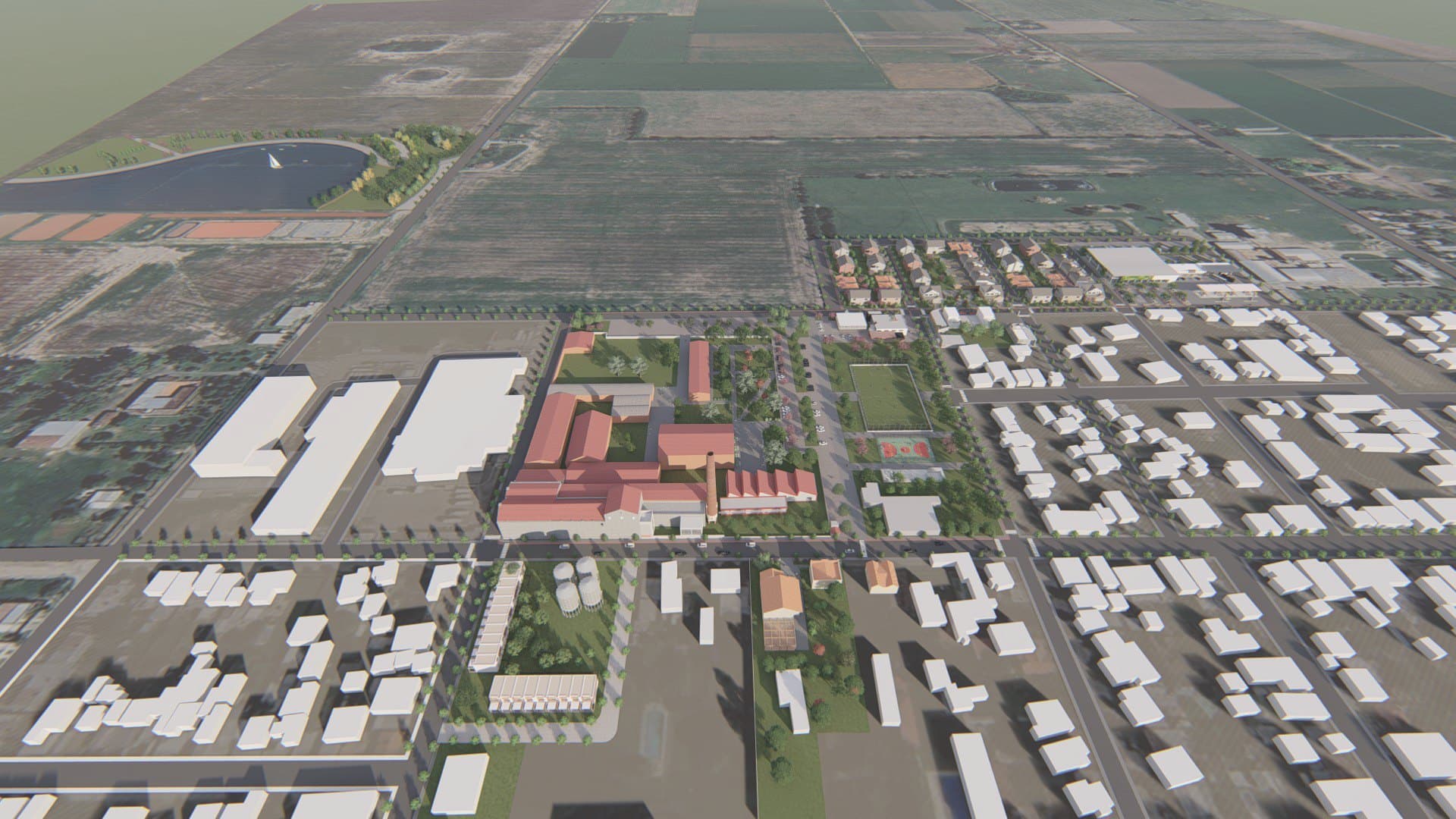 Vista aérea conceptual del masterplan Intercity en San Carlos Sud